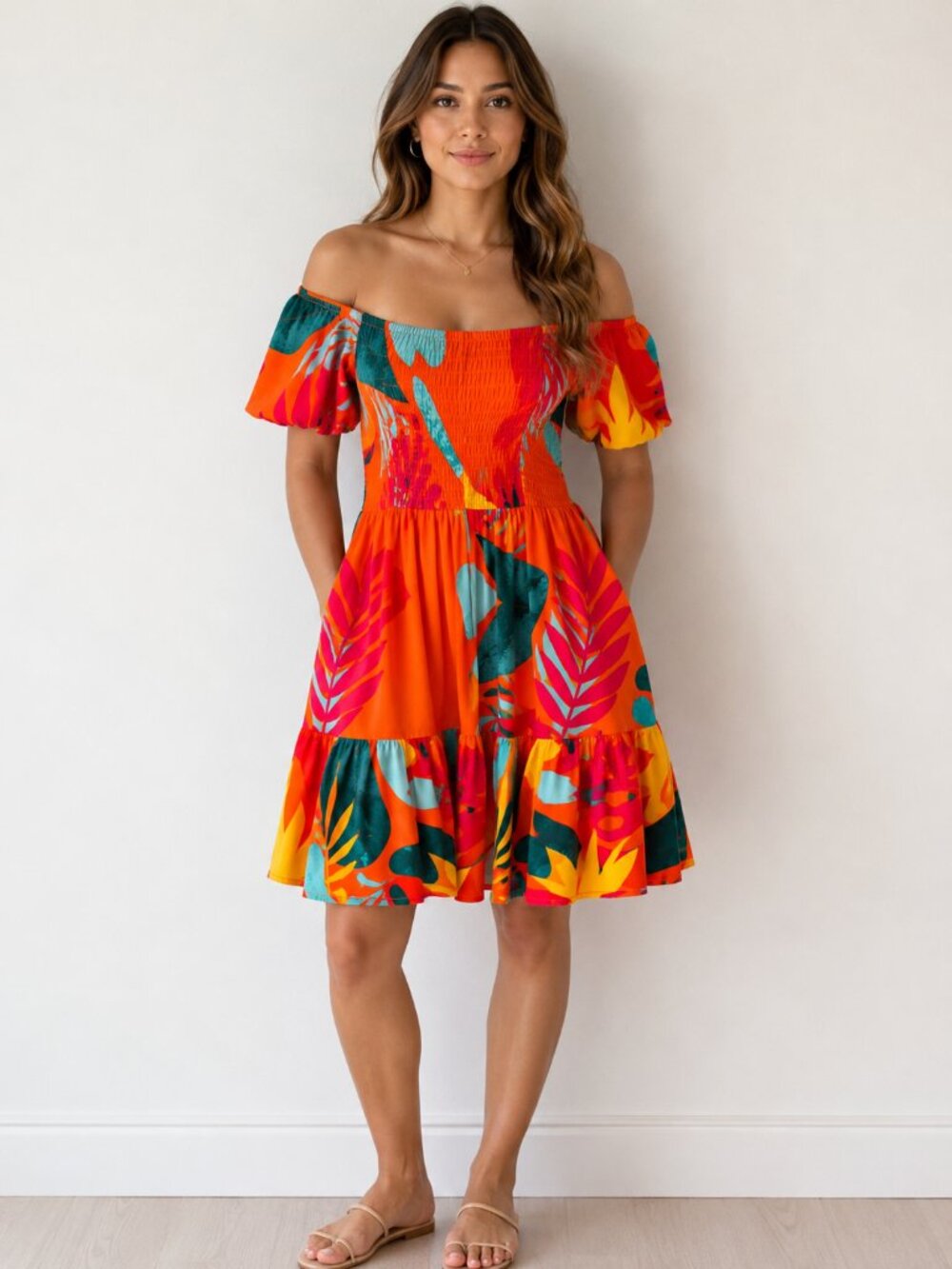 Sheila Rodrigues Tropical Off Shoulder Mini Dress 100% Viscose Pockets Large